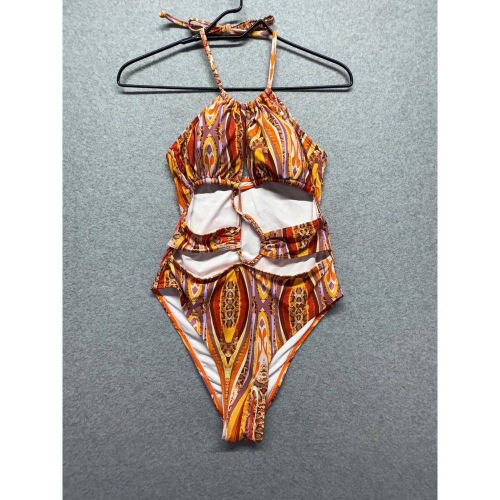 Reebees Orange Geometric Snakeskin Cutout Halter Monokini‎ One Piece Swimsuit M
